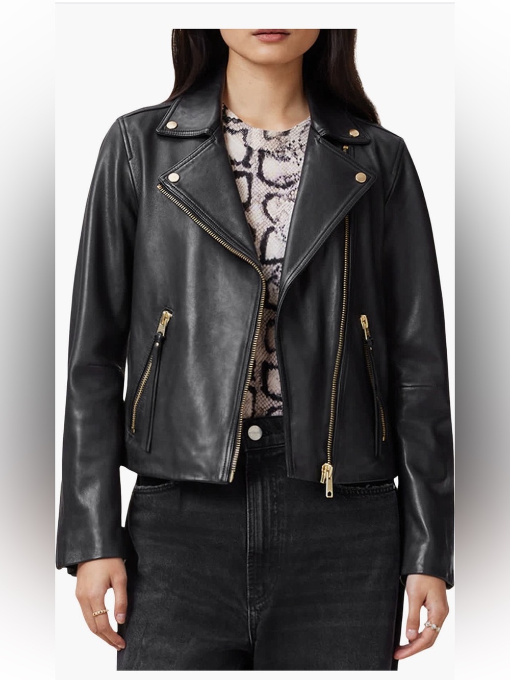 AllSaints Dalby Slim Fit Leather Biker Jacket black w/ gold hardware Size US 6